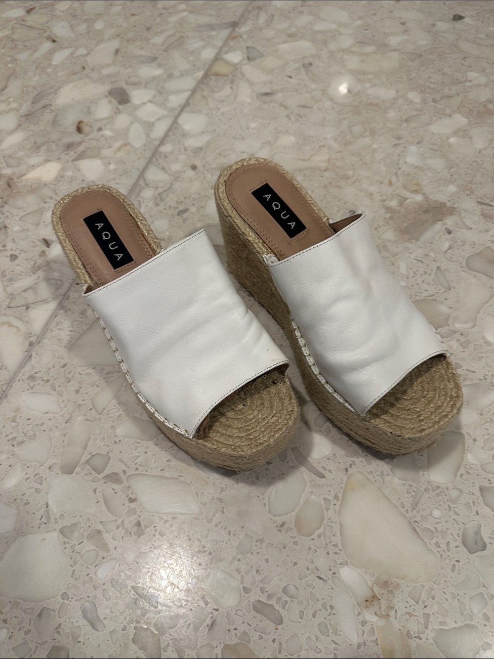 Aqua White Leather Espadrille Wedge Slides with Natural Jute